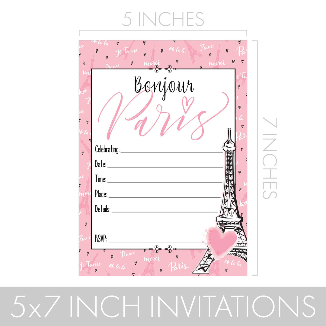 París en rosa: cumpleaños infantil - Tarjetas de invitación para fiesta con sobres - 10 unidades