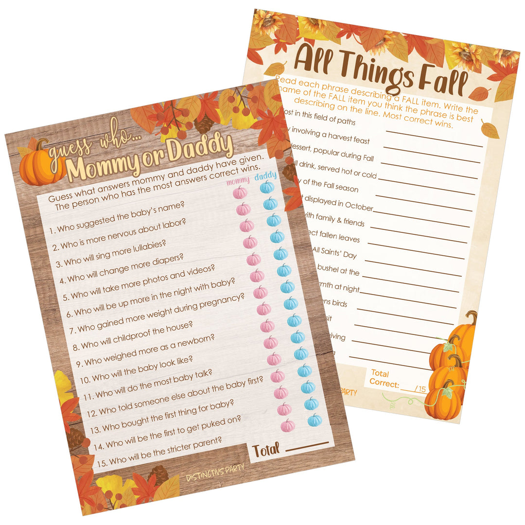 Little Pumpkin: Naranja Rústico - Juego de Baby Shower - Actividad de fiesta de otoño "Adivina quién" mamá o papá - Paquete de dos juegos - 20 tarjetas de doble cara