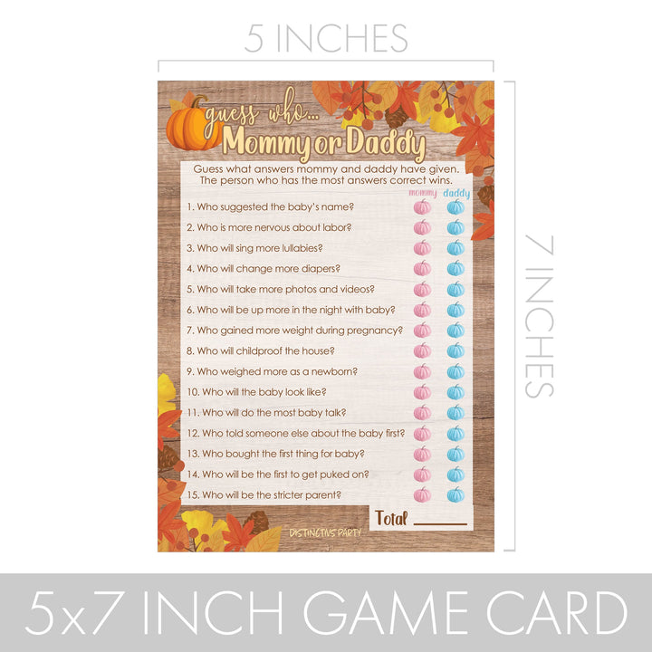 Little Pumpkin: Naranja Rústico - Juego de Baby Shower - Actividad de fiesta de otoño "Adivina quién" mamá o papá - Paquete de dos juegos - 20 tarjetas de doble cara