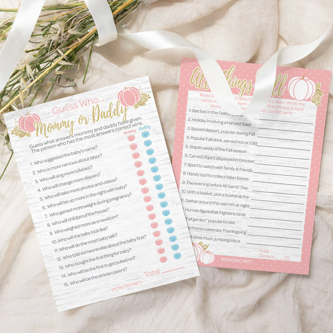 Little Pumpkin: Pink & Gold - Baby Shower Game - "Guess Who" Mommy or Daddy and All Things Fall Party Activity - Two Game Bundle - Fall, Girl -  20 Dual Sided Cards