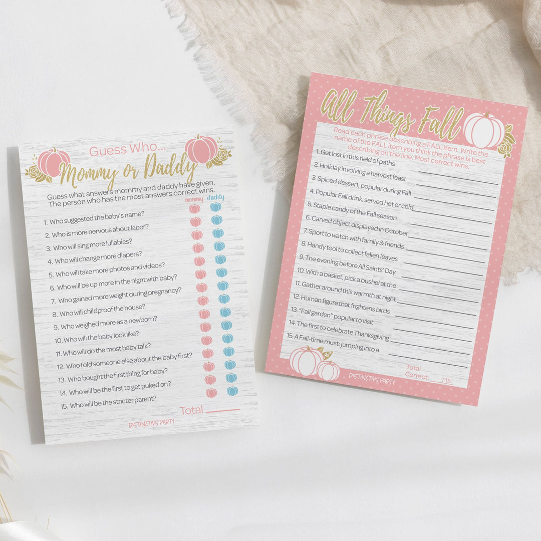 Little Pumpkin: Pink & Gold - Baby Shower Game - "Guess Who" Mommy or Daddy and All Things Fall Party Activity - Two Game Bundle - Fall, Girl -  20 Dual Sided Cards