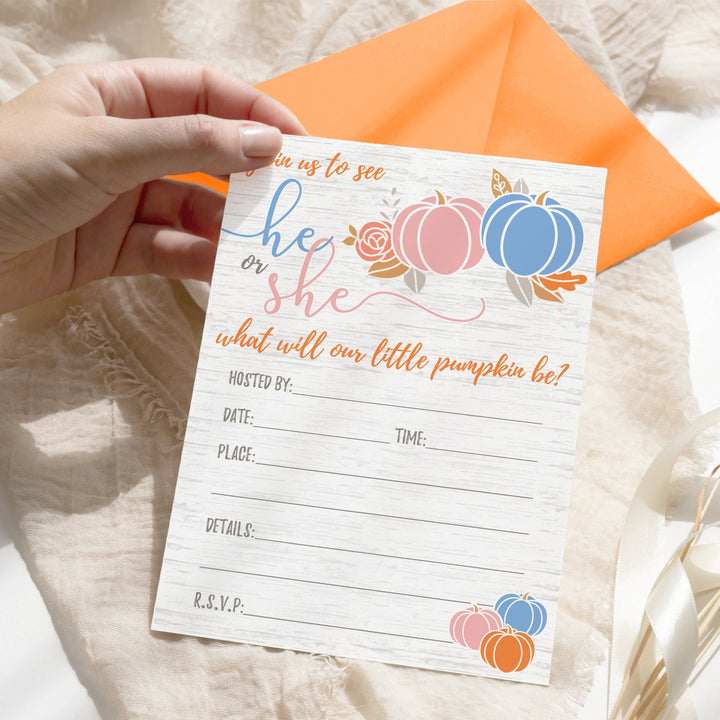 Little Pumpkin: Gender Reveal Party - Invitations with Orange Envelopes | 10 Pack