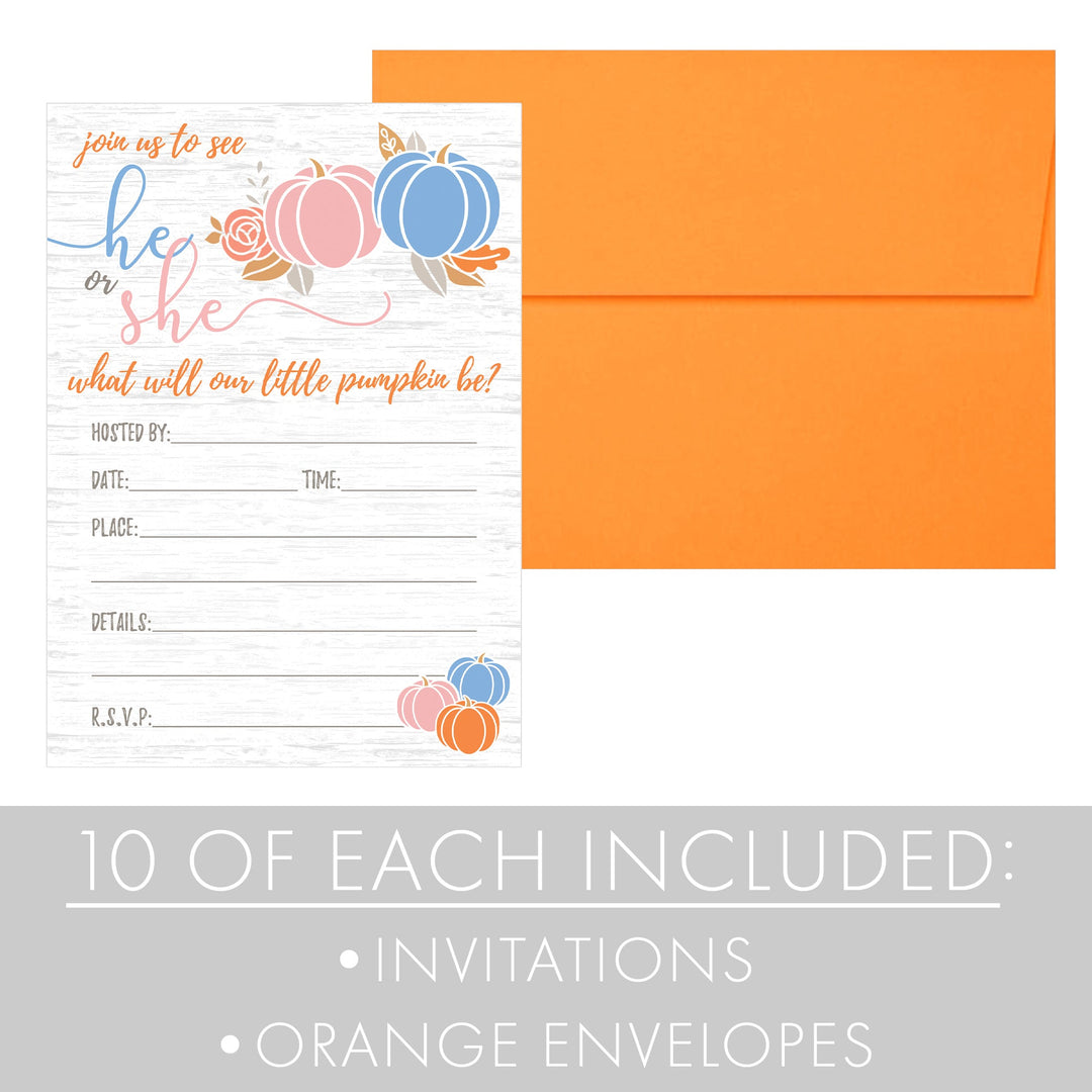 Little Pumpkin: Fiesta de revelación de género - Invitaciones con sobres naranjas | Paquete de 10