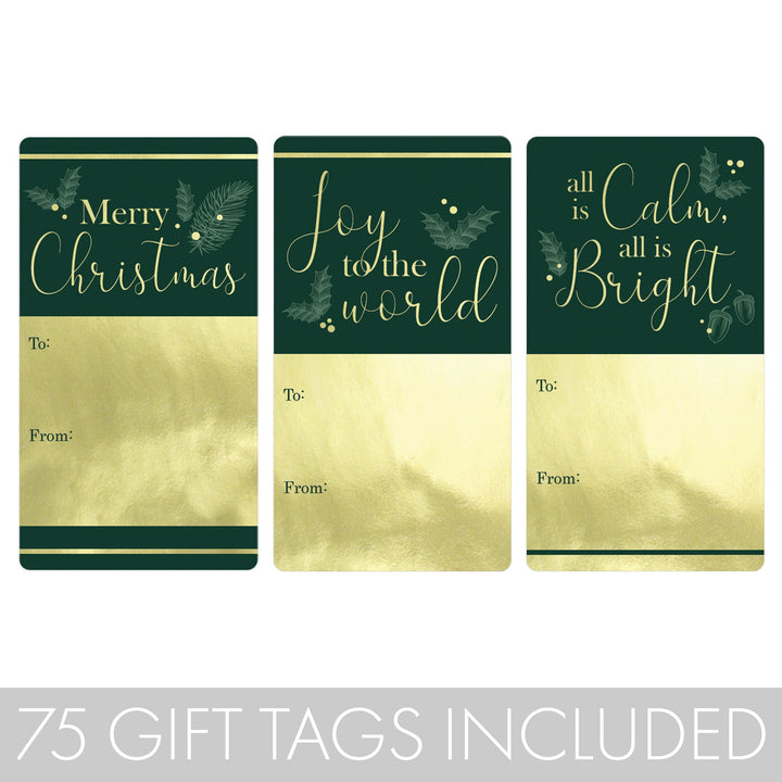 Christmas Gift Tag Stickers: Gold Foil & Green – 75 Stickers