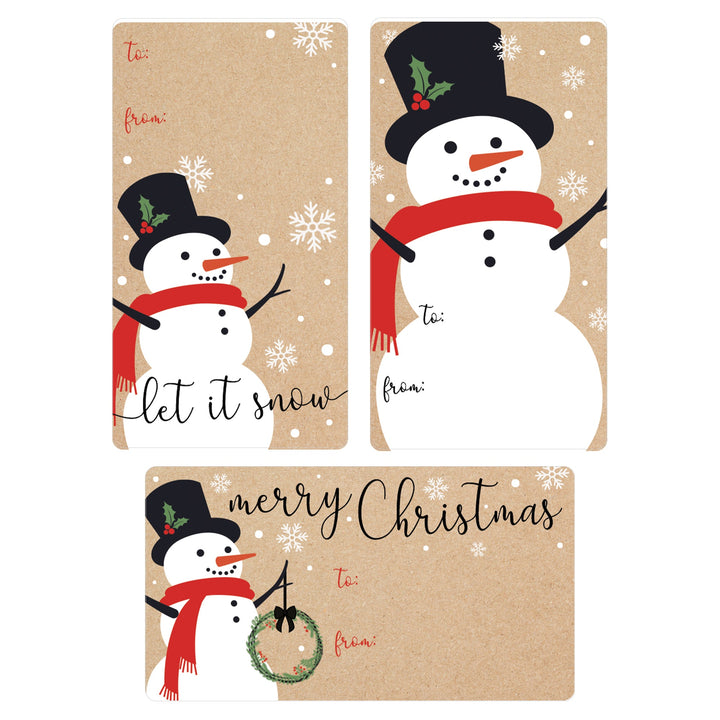 Etiquetas Adhesivas de Regalo de Navidad: Kraft Christmas - Muñeco de Nieve - 75 Pegatinas
