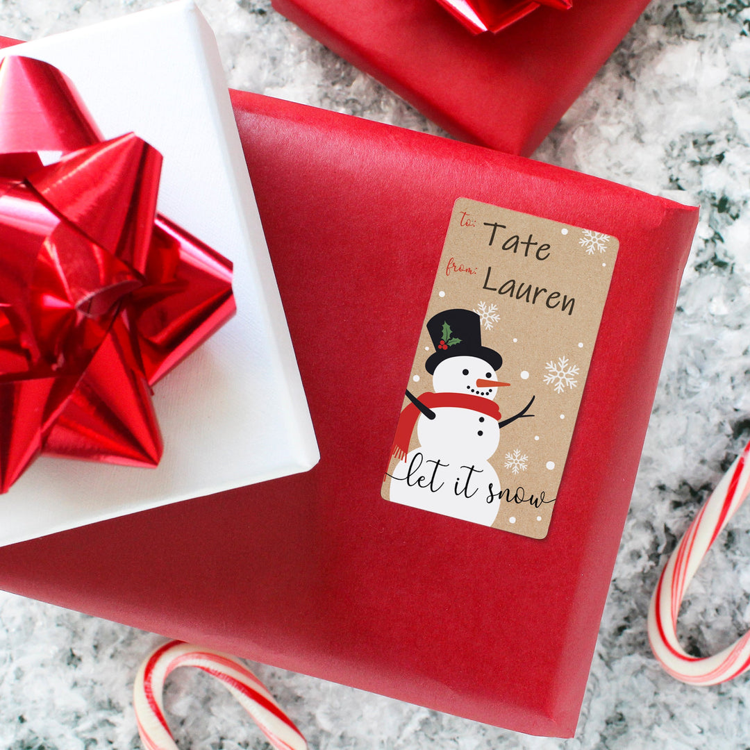 Etiquetas Adhesivas de Regalo de Navidad: Kraft Christmas - Muñeco de Nieve - 75 Pegatinas