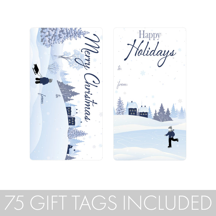 Etiquetas adhesivas de regalo de Navidad: Escena clásica de invierno nevada y acogedora con nieve - 75 pegatinas