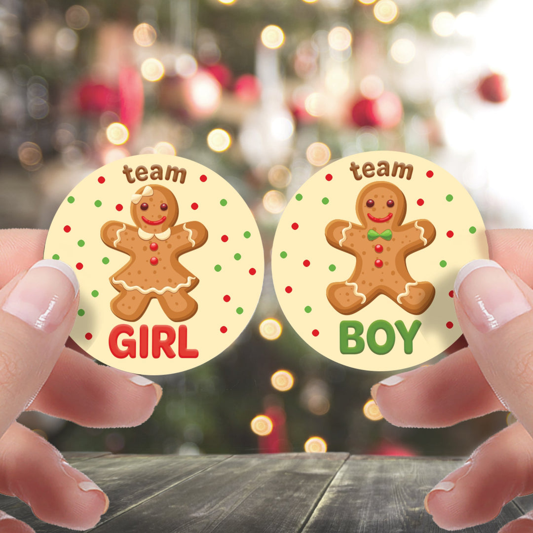 Revelación de género navideño: Fiesta de pan de jengibre - Pegatinas del equipo Él o del Equipo Ella - 40 pegatinas