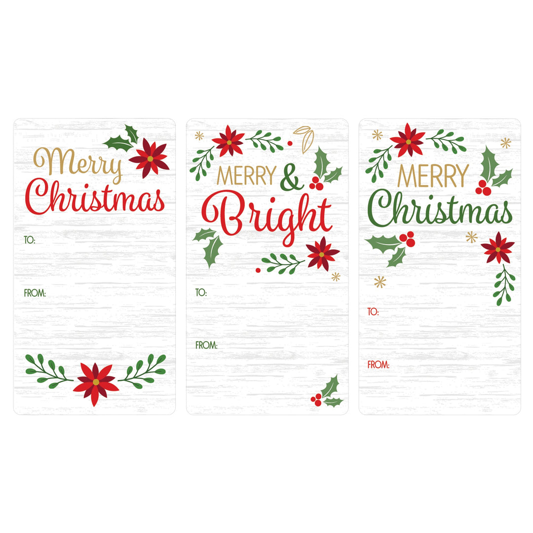 Christmas Gift Tag Stickers: Classic Poinsettia & Holly Merry Christmas  - 75 Stickers