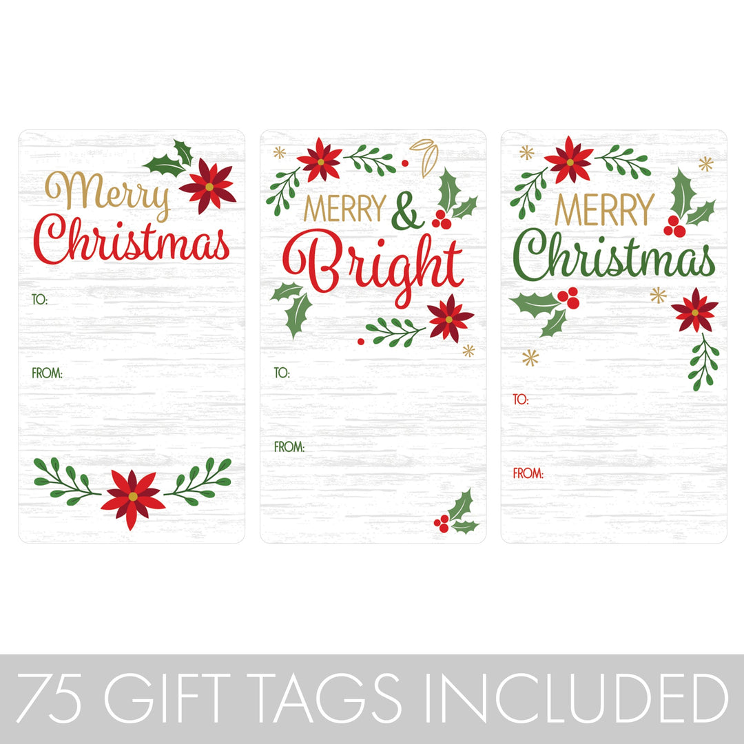 Etiquetas adhesivas de regalo de Navidad: Poinsettia clásica y acebo Feliz Navidad - 75 pegatinas