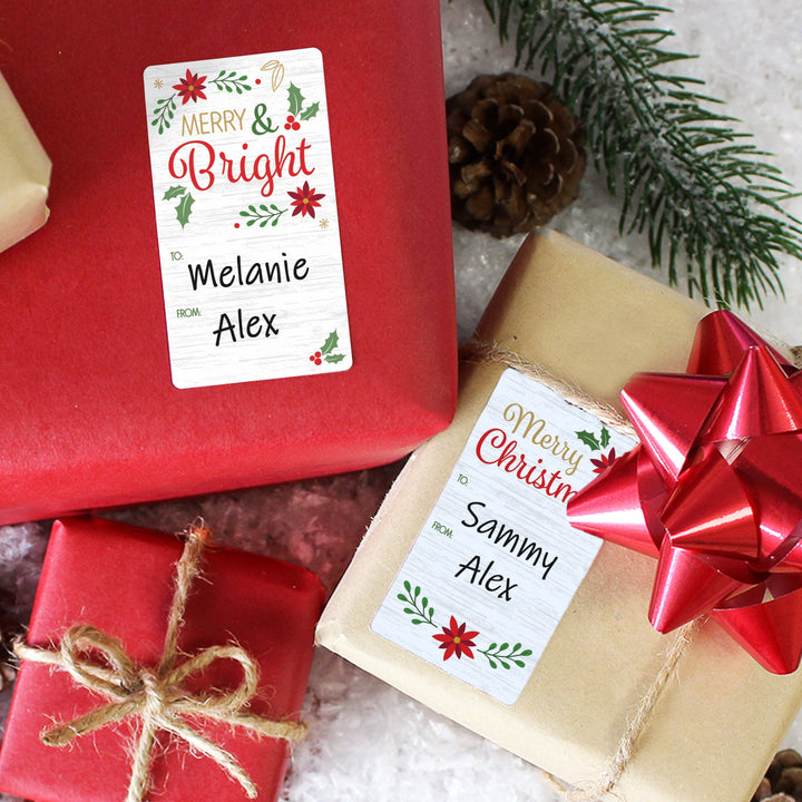 Etiquetas adhesivas de regalo de Navidad: Poinsettia clásica y acebo Feliz Navidad - 75 pegatinas