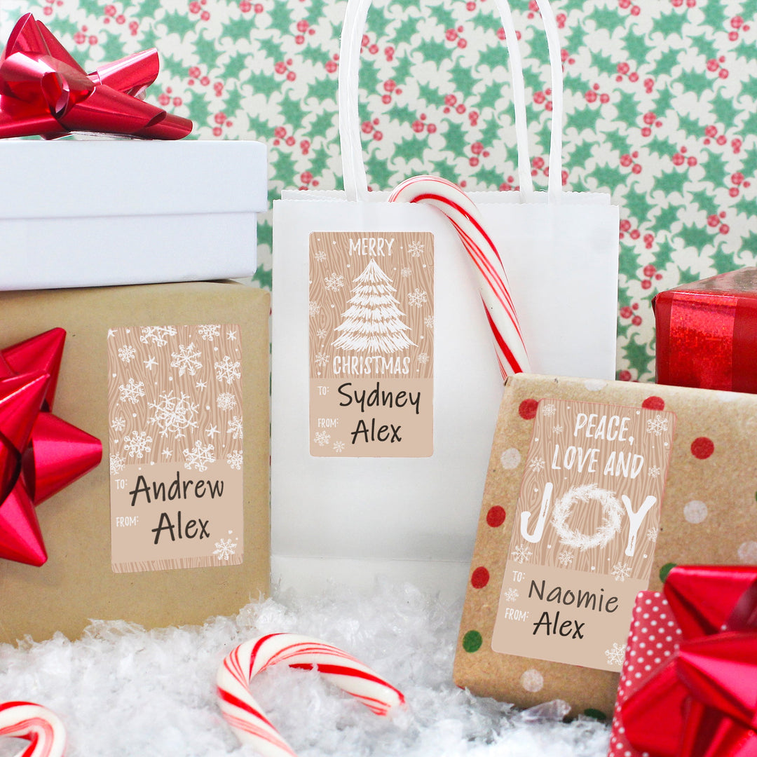 Etiquetas adhesivas de regalo de Navidad: Rústico clásico con vetas de madera - 75 etiquetas