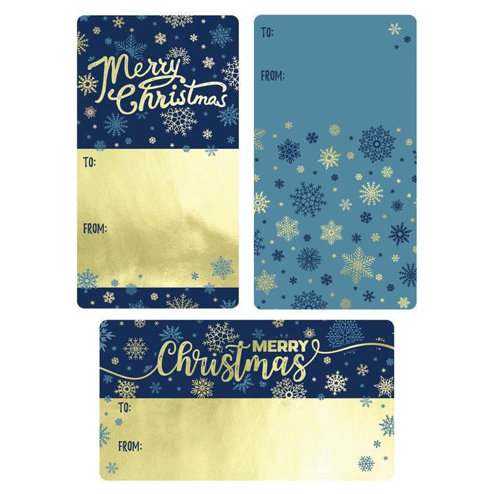 Christmas Gift Tag Stickers: Gold Foil & Blue with Snowflakes  – 75 Stickers