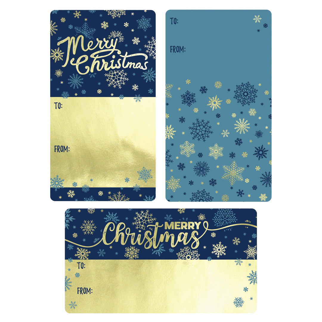 Etiquetas adhesivas de regalo de Navidad: lámina dorada y azul con copos de nieve - 75 pegatinas