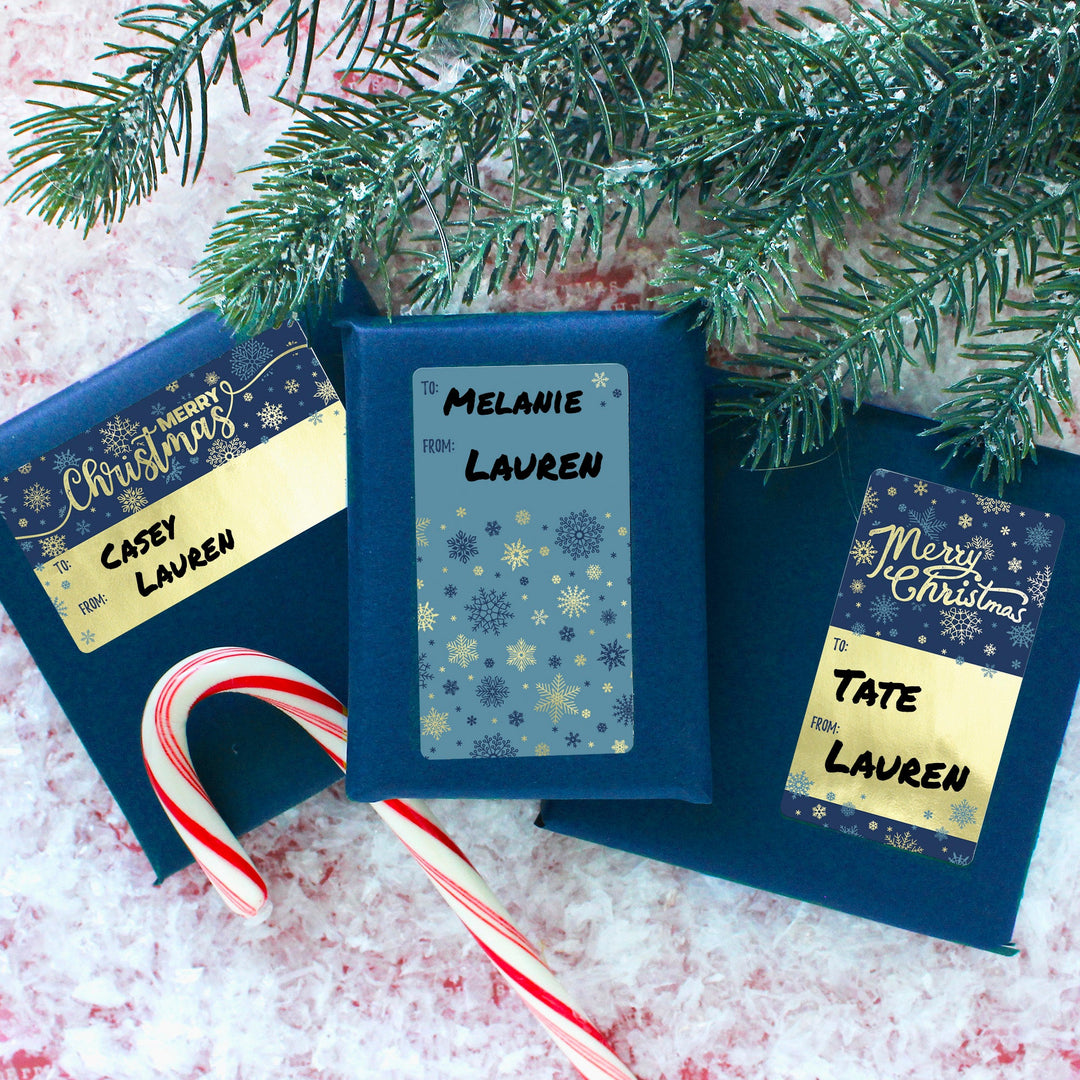 Christmas Gift Tag Stickers: Gold Foil & Blue with Snowflakes  – 75 Stickers
