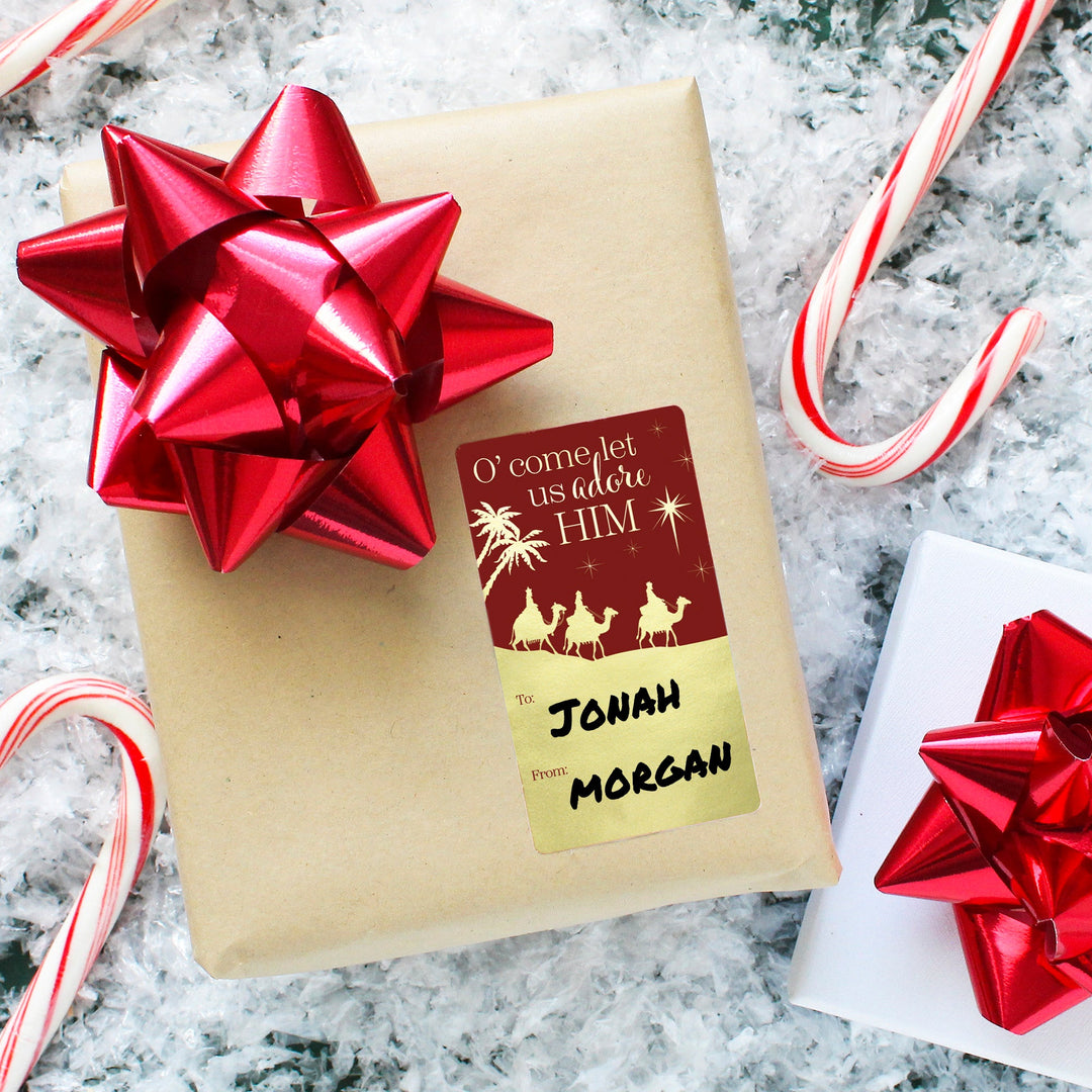 Etiquetas adhesivas de regalo de Navidad: lámina dorada y Natividad navideña - 75 pegatinas