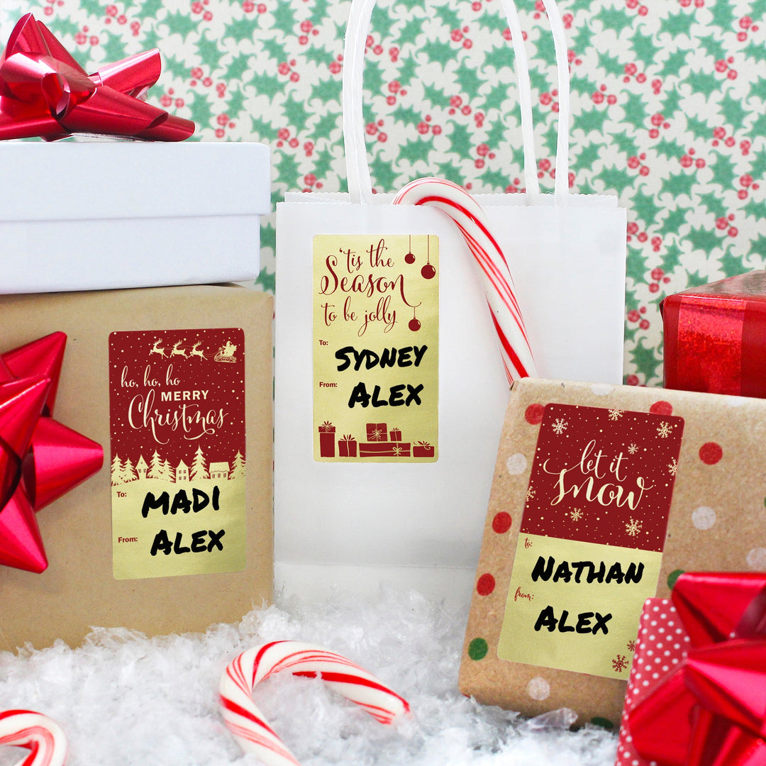 Etiquetas adhesivas de regalo de Navidad: lámina dorada y roja - 75 pegatinas