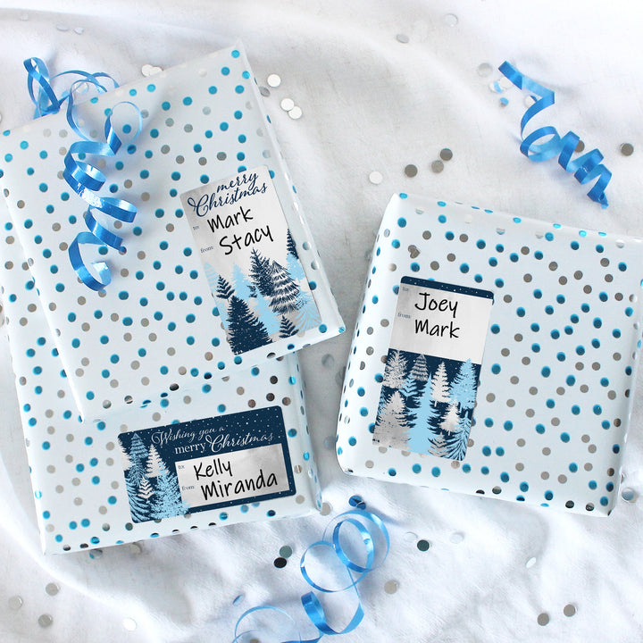 Etiquetas adhesivas de regalo de Navidad: lámina plateada y azul - 75 pegatinas