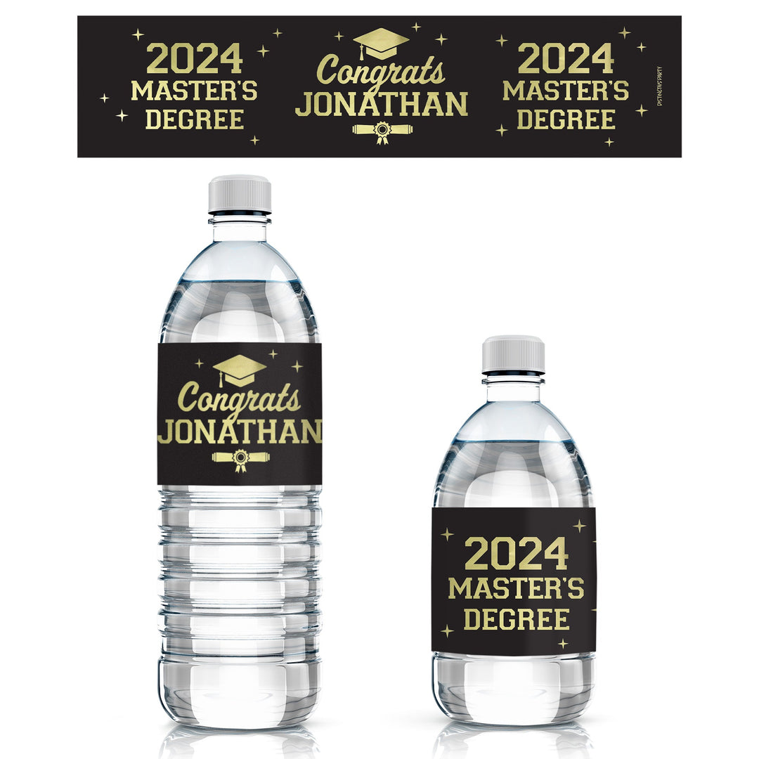 Graduación de maestría personalizada: negro y dorado - Nombre y año personalizados - Etiquetas para botellas de agua - 24 pegatinas impermeables
