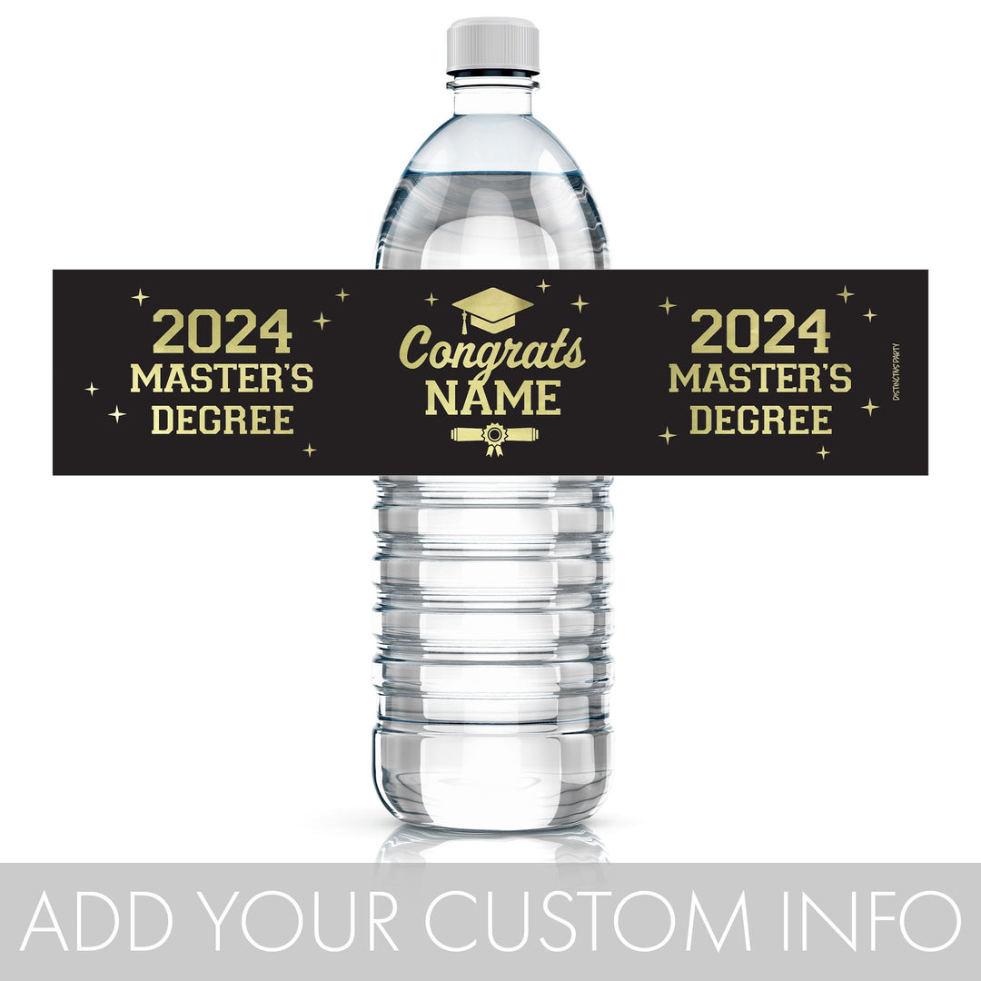 Graduación de maestría personalizada: negro y dorado - Nombre y año personalizados - Etiquetas para botellas de agua - 24 pegatinas impermeables