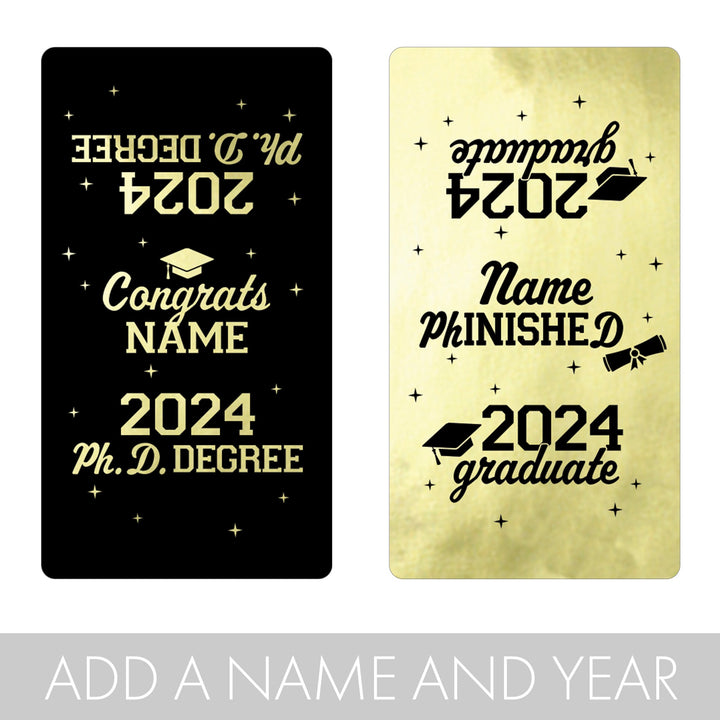 Graduación de doctorado personalizada: negro y dorado - Nombre y año personalizados - Envoltorios para barra de caramelo - Se adapta a miniaturas Hershey® - Mini envoltorios para barra de caramelo - 45 pegatinas