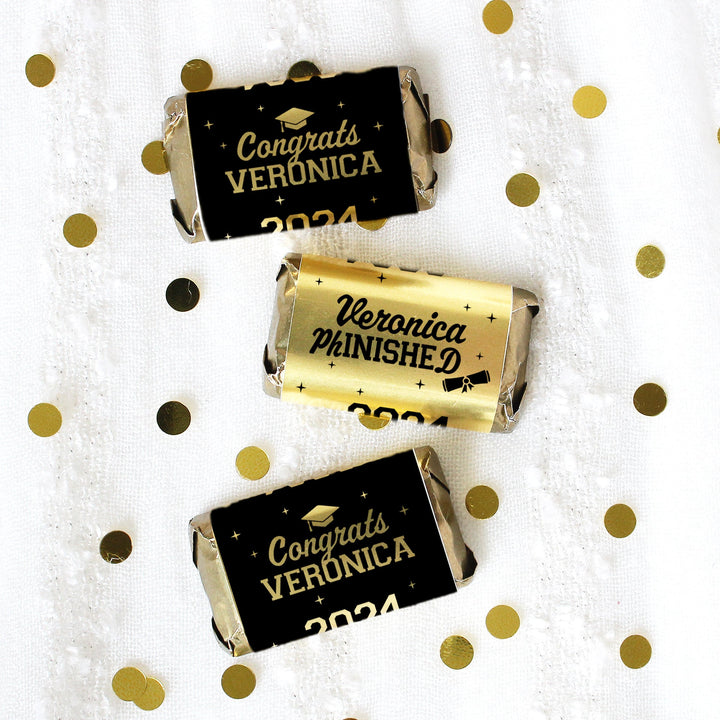 Graduación de doctorado personalizada: negro y dorado - Nombre y año personalizados - Envoltorios para barra de caramelo - Se adapta a miniaturas Hershey® - Mini envoltorios para barra de caramelo - 45 pegatinas