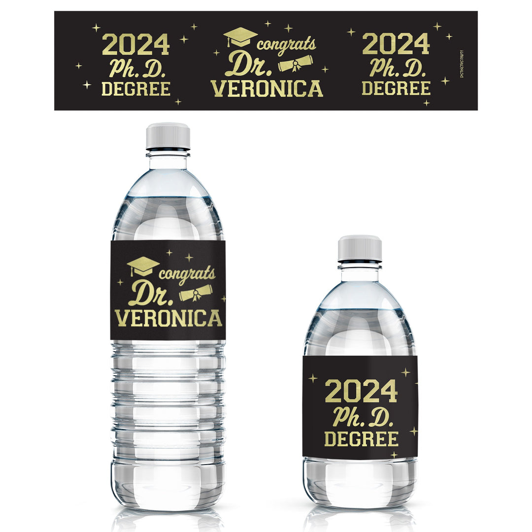 Personalized PhD Doctoral Graduation: Black and Gold - Custom Name & Year - Party Water Bottle Labels - 24 Waterproof Stickers