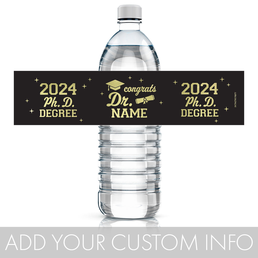 Graduación de doctorado personalizada: negro y dorado - Nombre y año personalizados - Etiquetas para botellas de agua de fiesta - 24 pegatinas impermeables