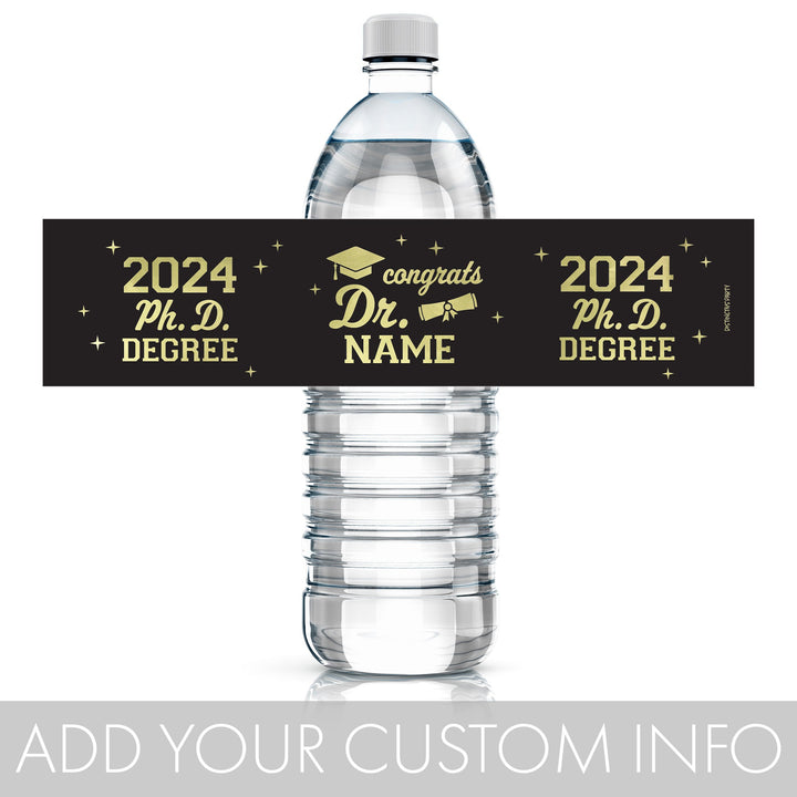 Graduación de doctorado personalizada: negro y dorado - Nombre y año personalizados - Etiquetas para botellas de agua de fiesta - 24 pegatinas impermeables