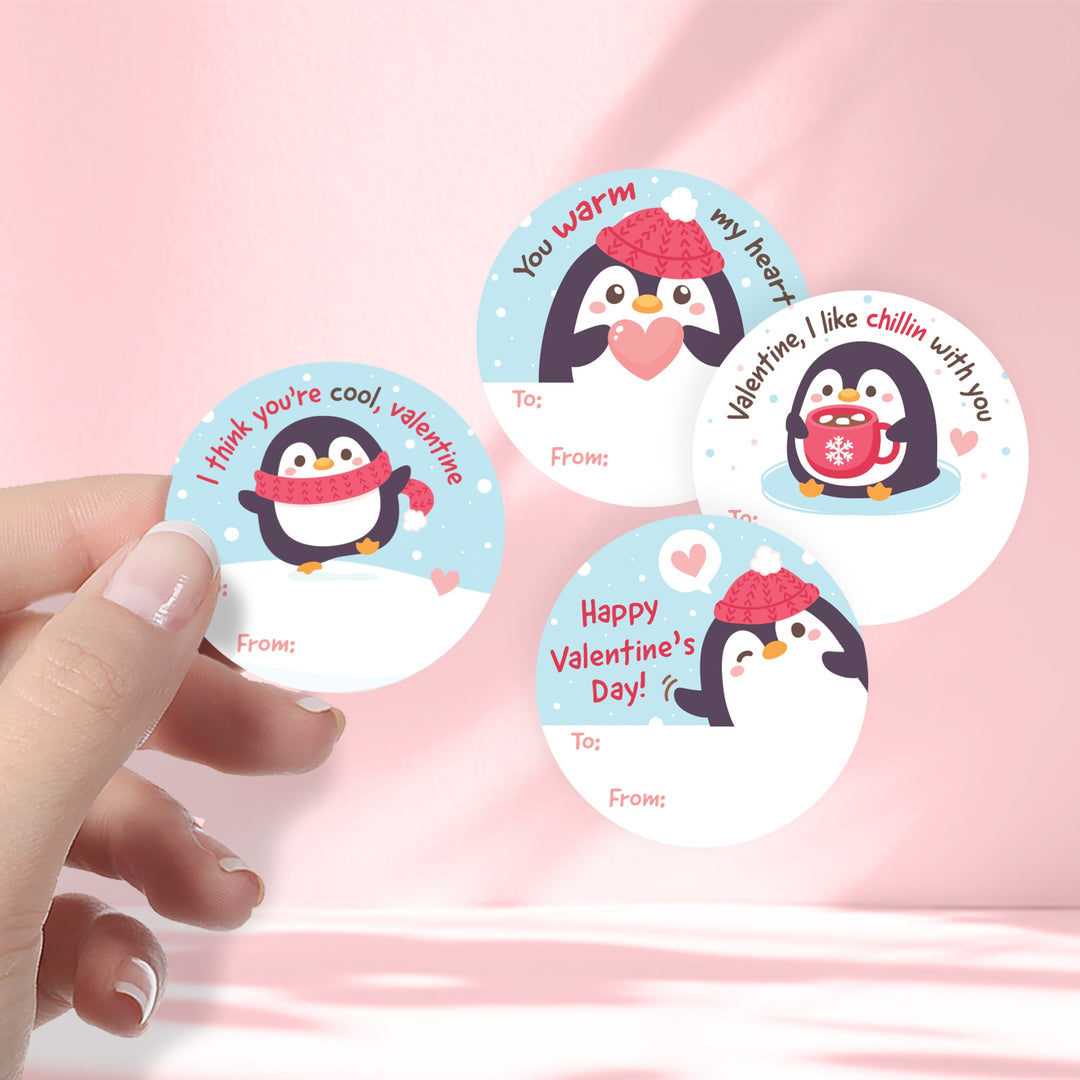 Valentine's Day Treat Stickers: Penguins - 40 Circle Stickers