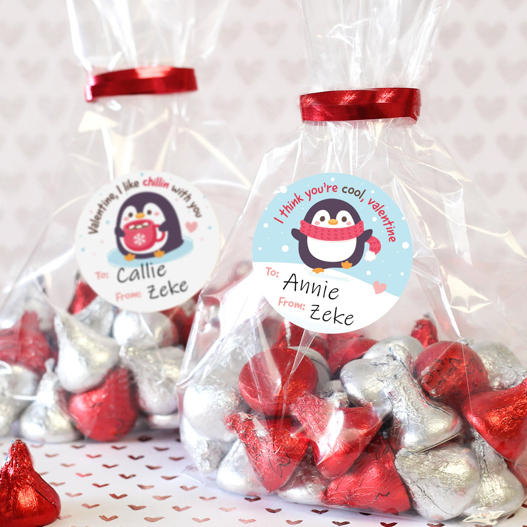 Pegatinas de regalo del día de San Valentín: Pingüinos - 40 pegatinas circulares