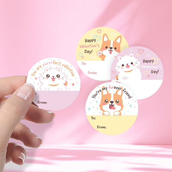 Valentine's Day Treat Stickers: Dogs and Cats- 40 Circle Stickers
