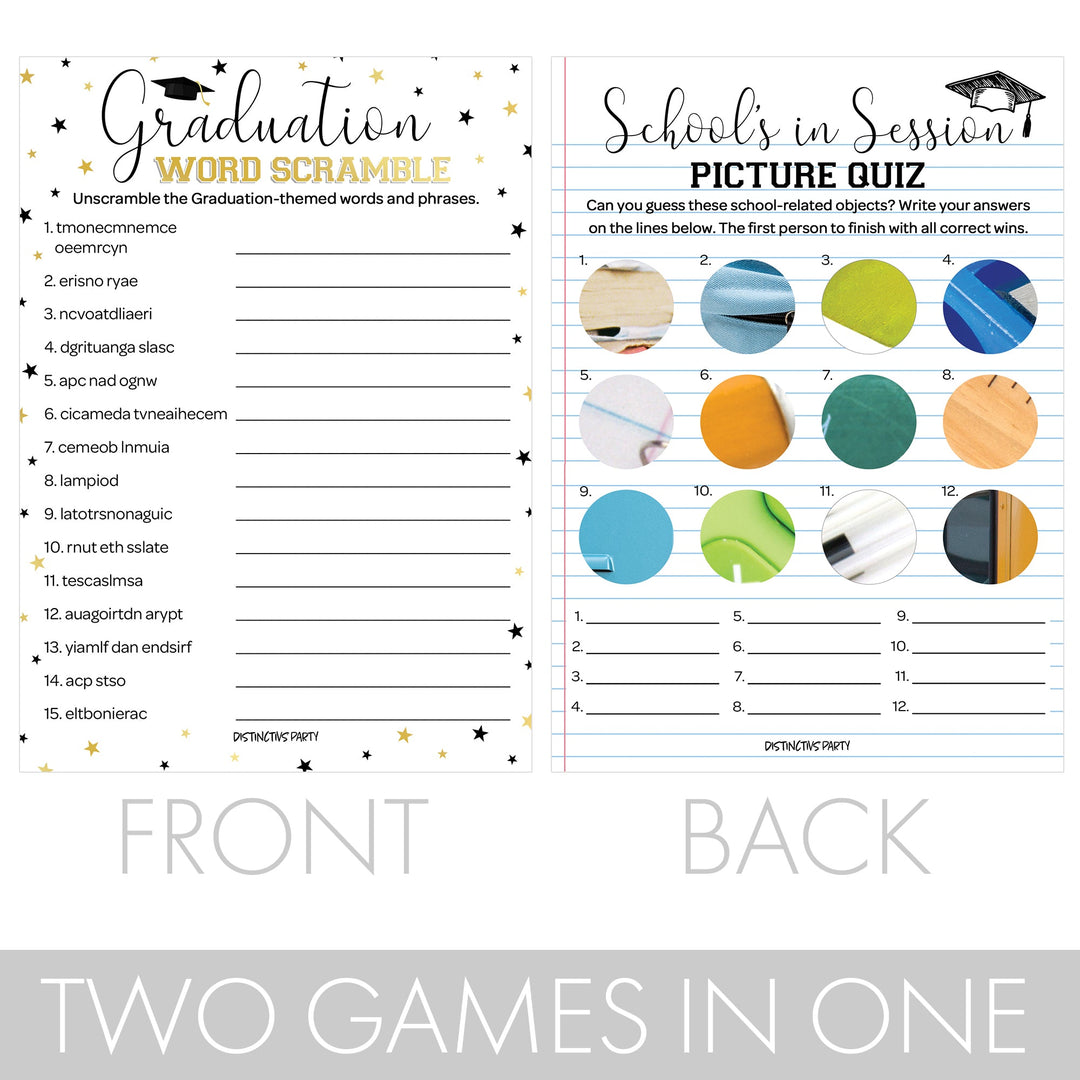 Graduation Party Game: Picture Quiz and Word Scramble - Class of 2024 - Two Game Bundle - 25 Dual-Sided Game Cards