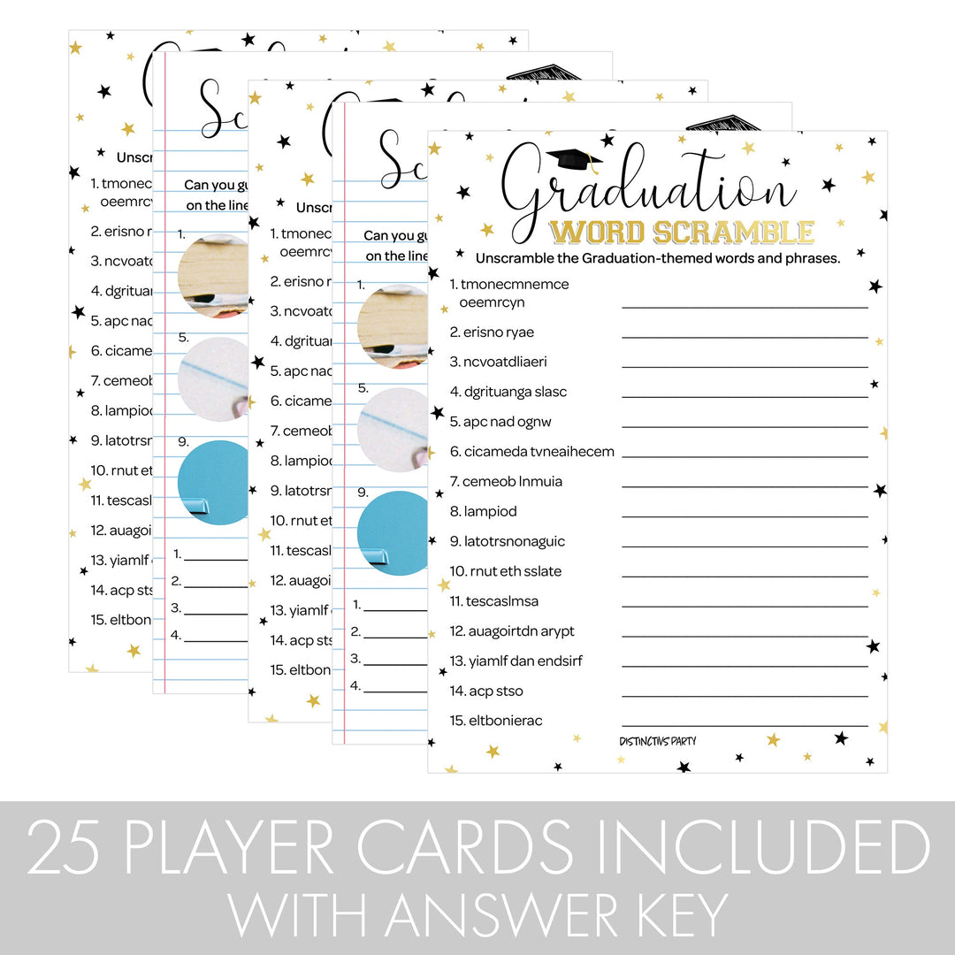 Clase de juegos de fiesta de graduación de 2024: Prueba de imágenes y combinación de palabras - Paquete de dos juegos - 25 tarjetas de juego de doble cara