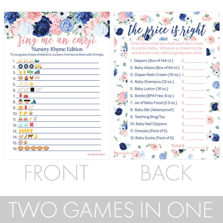Navy & Blush Floral: Baby Shower Game - Sing me an Emoji and Price is Right - Two Game Bundle - Gender Reveal -  20 Dual-Sided Game Cards