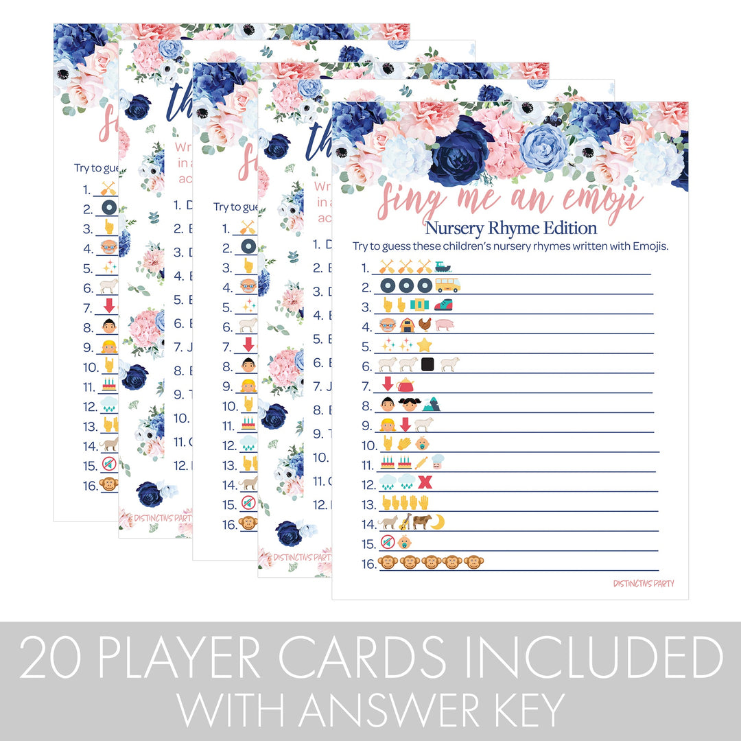 Navy &amp; Blush Floral: Juego de baby shower - Cántame un emoji y el precio es correcto - Paquete de dos juegos - Revelación de género - 20 tarjetas de juego de doble cara