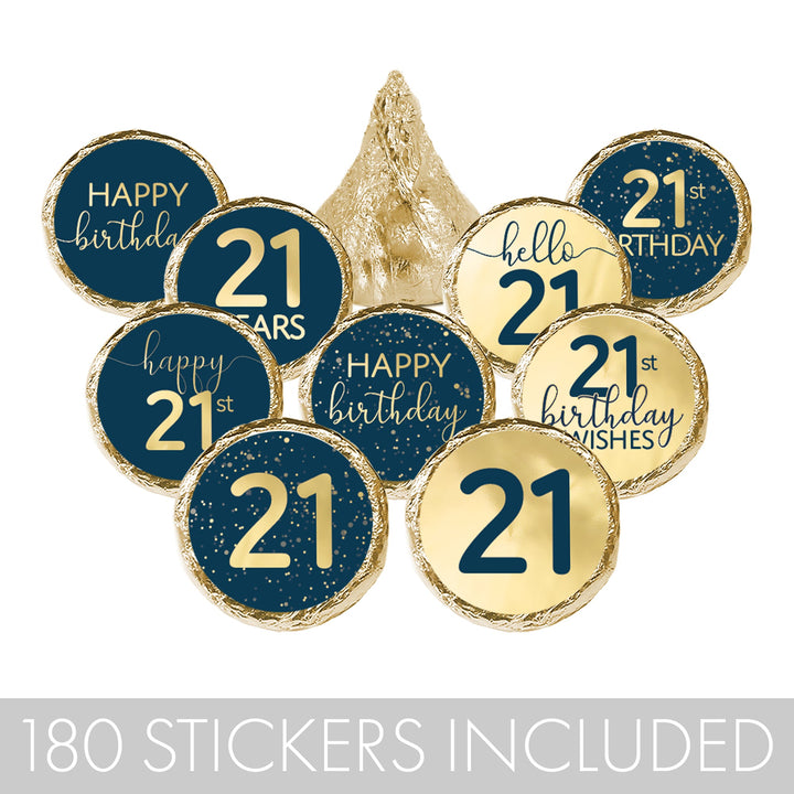 happy 21st Hersheys Kisses stickers with a navy blue and gold foil design