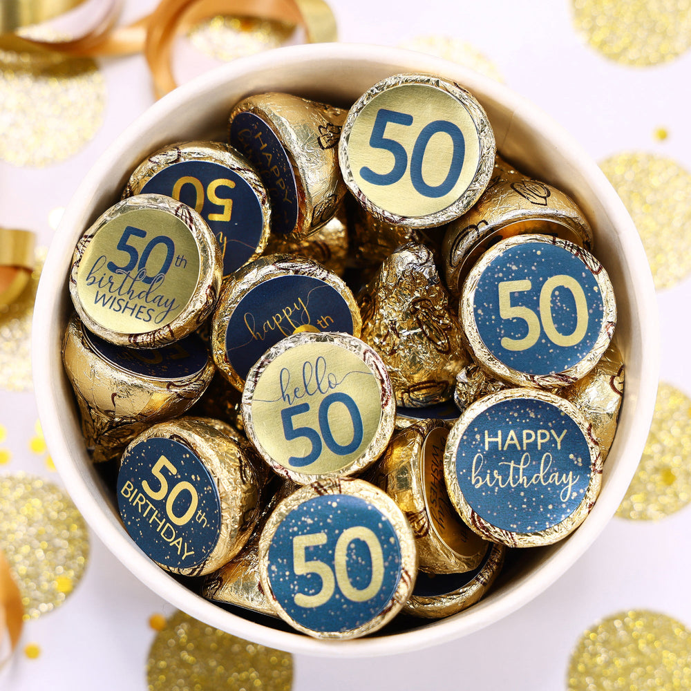 180 navy blue and gold foil stickers designed for 50th birthday Hersheys Kisses