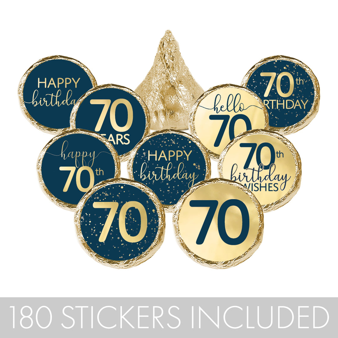 happy 70th Hersheys Kisses stickers with a navy blue and gold foil design