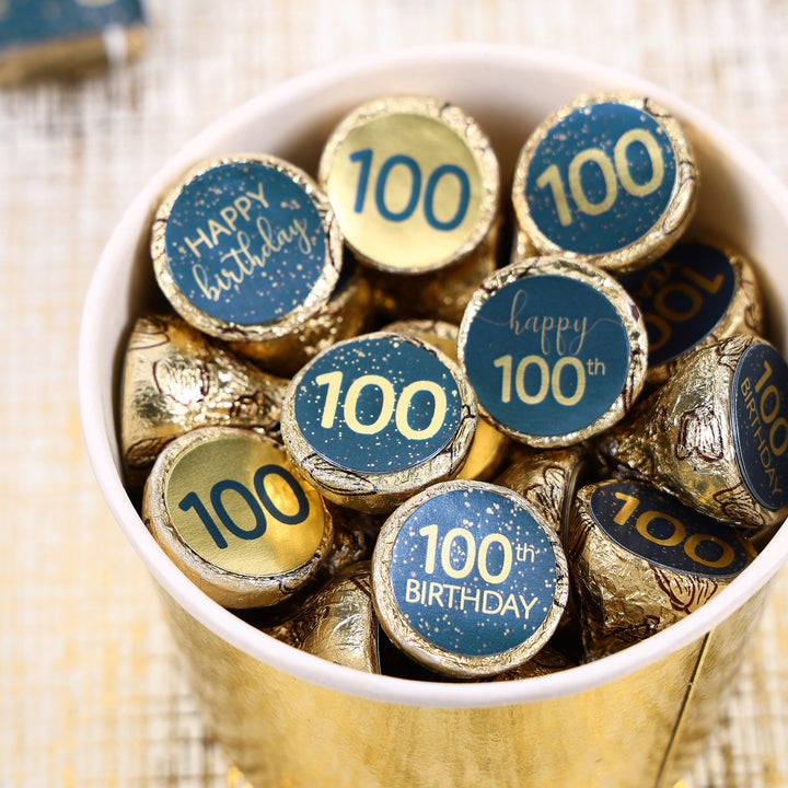 Cumpleaños número 100: azul marino y dorado - Cumpleaños de adultos - Hershey's® Kisses Candy Stickers - 180 pegatinas