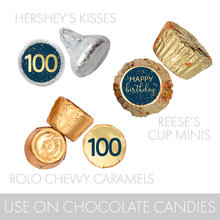 100th Birthday: Navy Blue & Gold - Adult Birthday - Hershey's® Kisses Candy Stickers - 180 Stickers