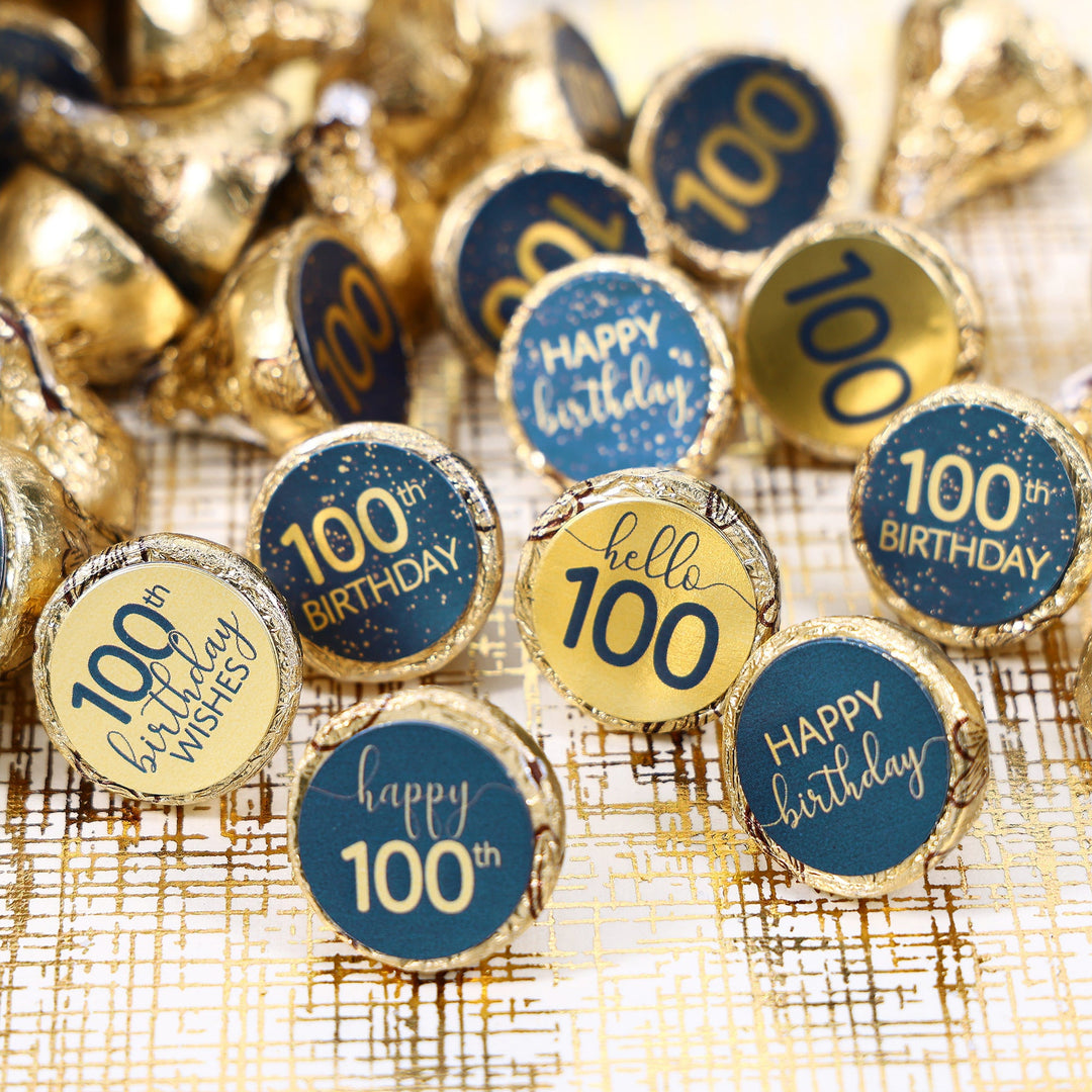 Cumpleaños número 100: azul marino y dorado - Cumpleaños de adultos - Hershey's® Kisses Candy Stickers - 180 pegatinas