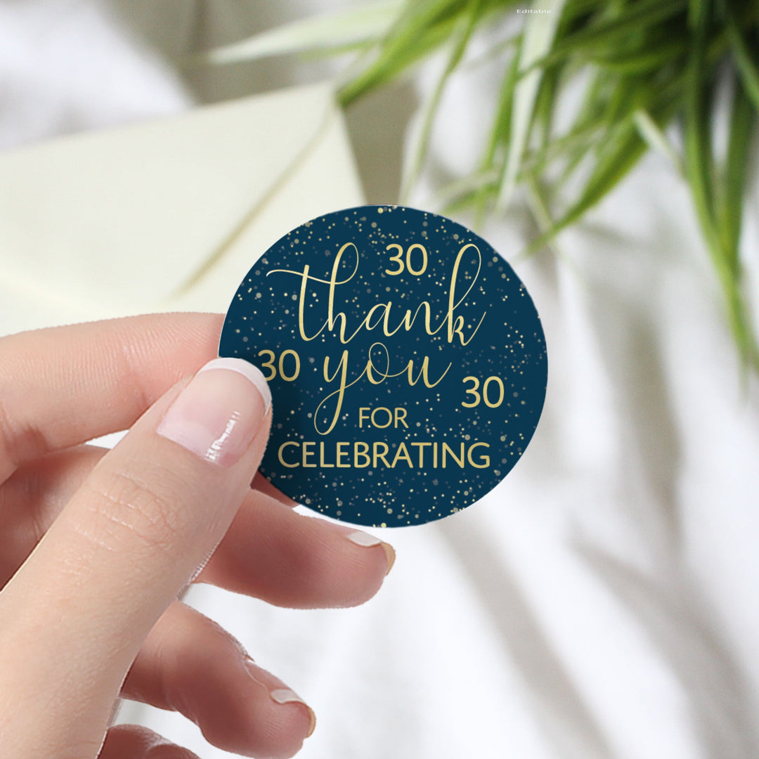 30th Birthday: Navy Blue & Gold - Adult Birthday - Thank You Stickers - 40 Stickers