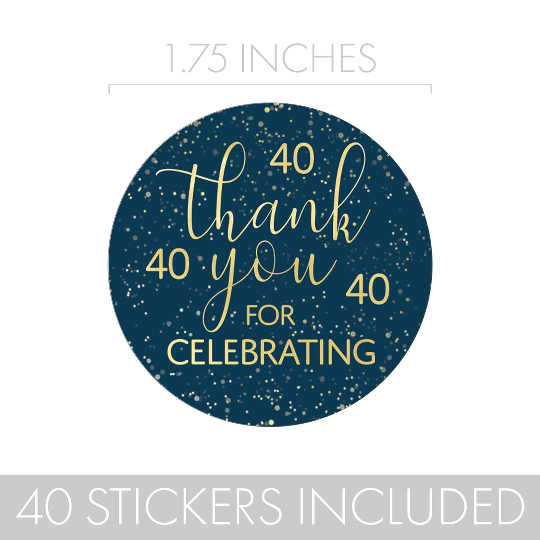 Celebrate 40 with Navy Blue and Gold Thank You Stickers