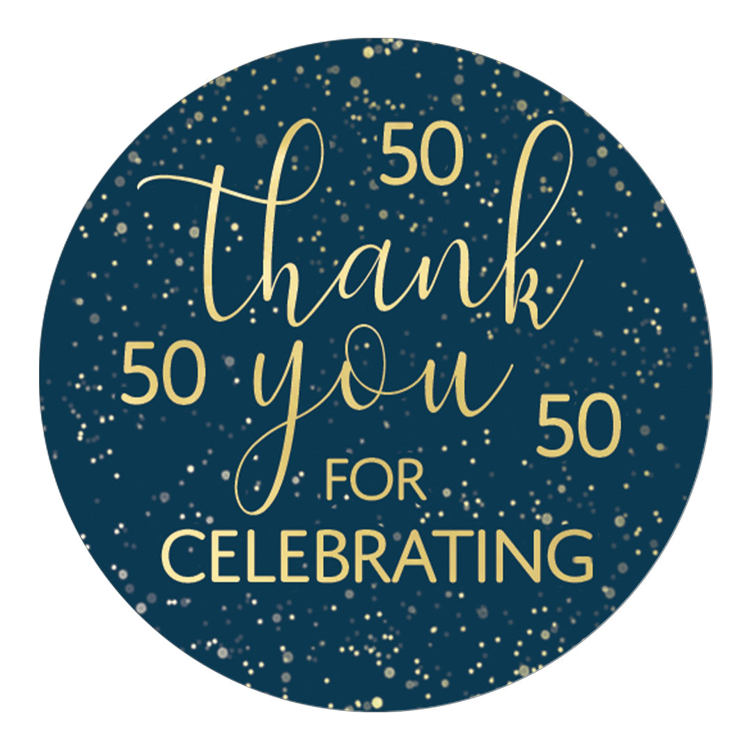 50th Birthday Thank You Stickers in Navy Blue and Gold