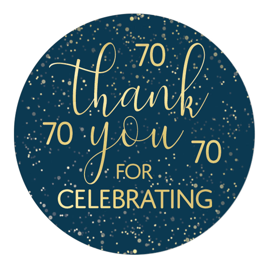 Celebrate your 70th milestone birthday with Navy Blue and Gold Thank You Stickers.