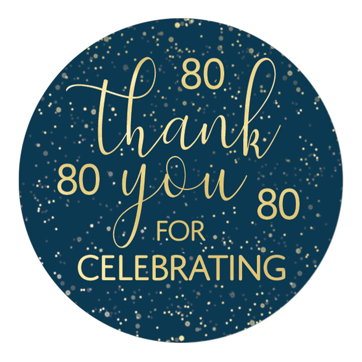 Navy Blue and Gold Milestone Birthday Thank You Stickers - 80th