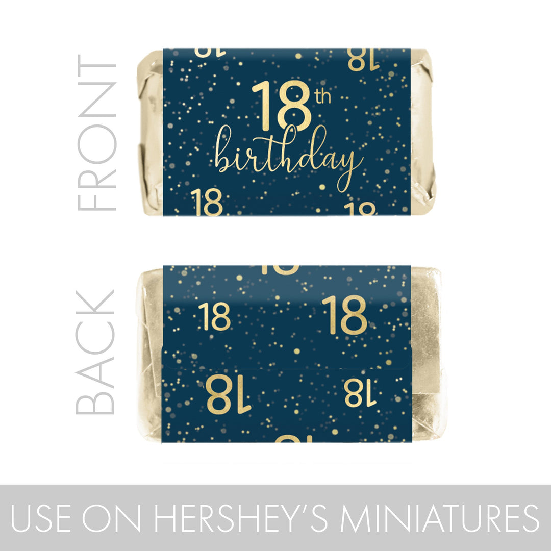 blue and gold Hershey's® Miniatures candy bar wrappers for an 18th birthday party