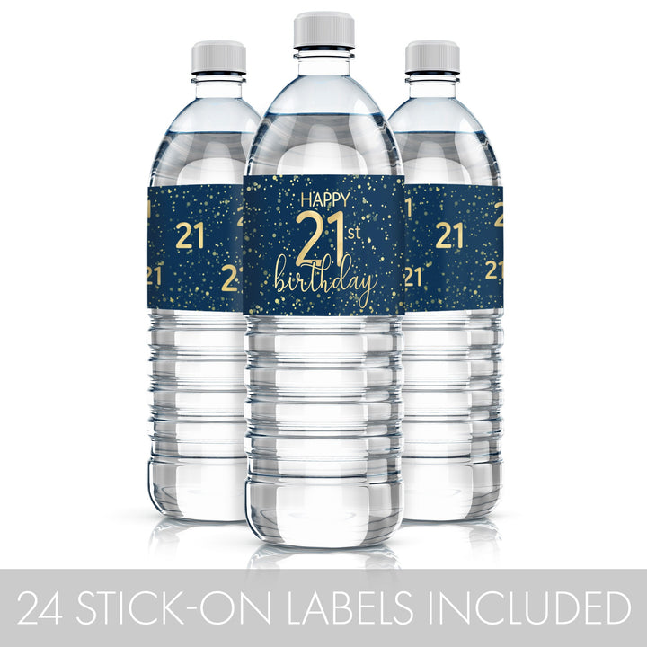 A detailed shot of a 21st birthday navy blue and gold label that is designed to fit standard or mini water bottles
