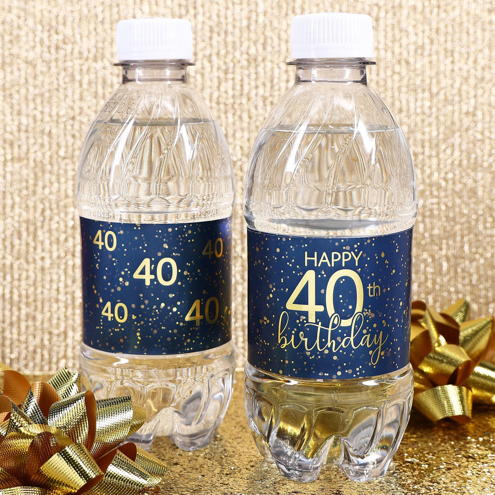 A close-up view of a navy blue water bottle label with gold lettering that reads "Happy 40th Birthday" and features a sleek, modern design.